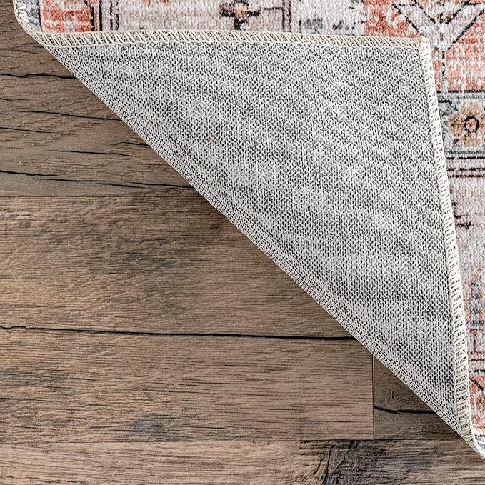 nuLOOM 4x6 Machine Washable Rain Haven Vintage Medallion Area Rug, Light Orange, Traditional Faded Design, Non-Slip Backing, Stain Resistant, For Bedroom, Dining Room, Living Room, Kitchen - LeafyLoom