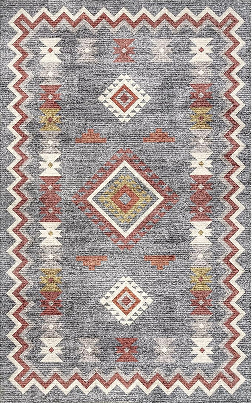 nuLOOM Jayde Machine Washable Southwestern Diamond Ultra Thin Area Rug, 4' x 6', Grey - LeafyLoom