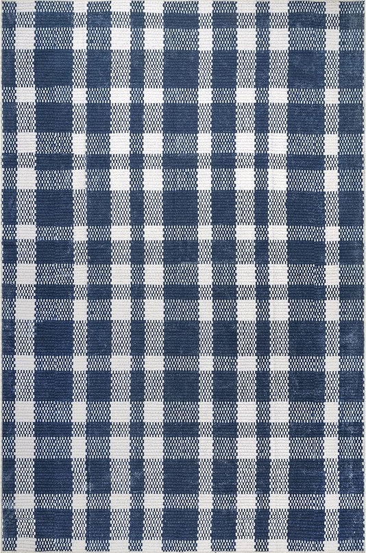 nuLOOM Rianne Machine Washable Plaid Farmhouse Ultra Thin Area Rug, 8' x 10', Blue - LeafyLoom