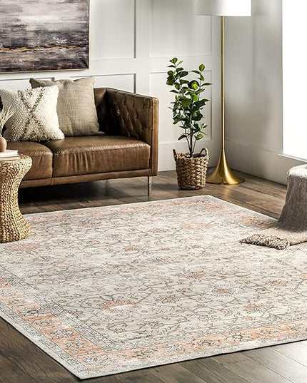 nuLOOM Marlena Faded Floral Machine Washable Ultra Thin Area Rug, 8' x 10', Peach - LeafyLoom