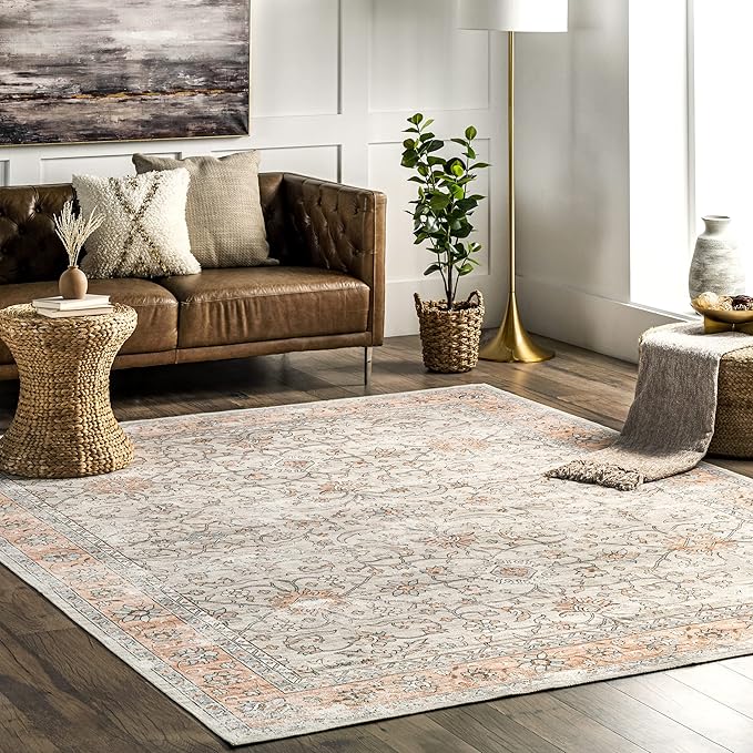 nuLOOM Marlena Faded Floral Machine Washable Ultra Thin Area Rug, 8' x 10', Peach - LeafyLoom