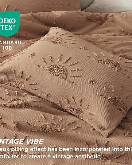 Bedsure King Size Comforter Set Taupe, Boho Tufted Bedding Comforter Set, Farmhouse Jacquard Solar Pattern Bed Set, 3 Pieces, 1 Shabby Chic Fluffy Comforter & 2 Pillow Shams - LeafyLoom