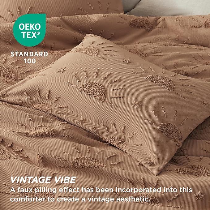 Bedsure King Size Comforter Set Taupe, Boho Tufted Bedding Comforter Set, Farmhouse Jacquard Solar Pattern Bed Set, 3 Pieces, 1 Shabby Chic Fluffy Comforter & 2 Pillow Shams - LeafyLoom