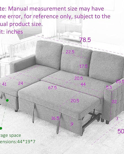 3 Seater Convertible Sectional Sofa with Reversible Chaise Lounge and Pull Out Sofabed, L Shaped Corner Couches with Storage , Comfy Linen Upholstered Sofa&Couches for Living Room Furniture Sets - LeafyLoom