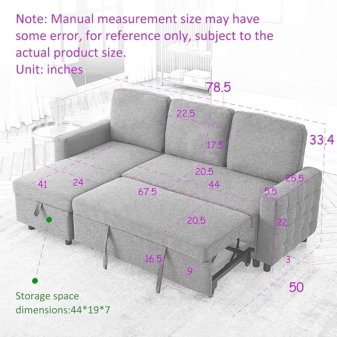 3 Seater Convertible Sectional Sofa with Reversible Chaise Lounge and Pull Out Sofabed, L Shaped Corner Couches with Storage , Comfy Linen Upholstered Sofa&Couches for Living Room Furniture Sets - LeafyLoom