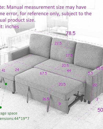 3 Seater Convertible Sectional Sofa with Reversible Chaise Lounge and Pull Out Sofabed, L Shaped Corner Couches with Storage , Comfy Linen Upholstered Sofa&Couches for Living Room Furniture Sets - LeafyLoom
