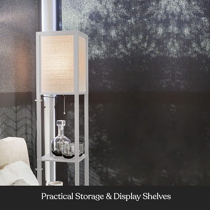 Brightech Maxwell - Modern Shelf Floor Lamp with Lamp Shade and LED Bulb - Corner Display Floor Lamps with Shelves for Living Room, Bedroom and Office - White - LeafyLoom