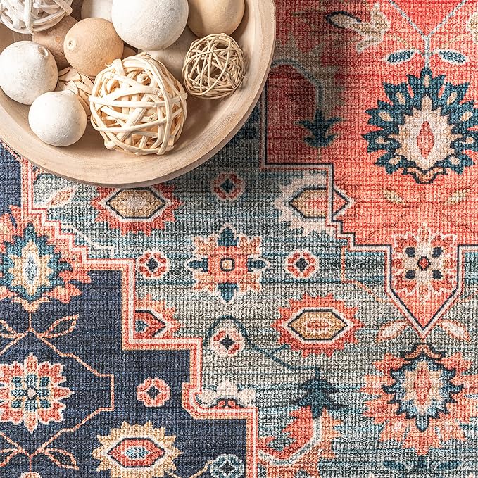 nuLOOM Francis Persian Medallion Machine Washable Ultra Thin Area Rug, 4' x 6', Blue - LeafyLoom