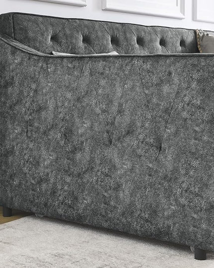 Upholstered Twin Size Daybed with Twin Trundle, Solid Wood Sofa Bed w/Button Tufted Backrest and Waved Shape Arms, for Kids, Living Room, Bedroom, Dorm, No Box Spring Needed, Grey - LeafyLoom