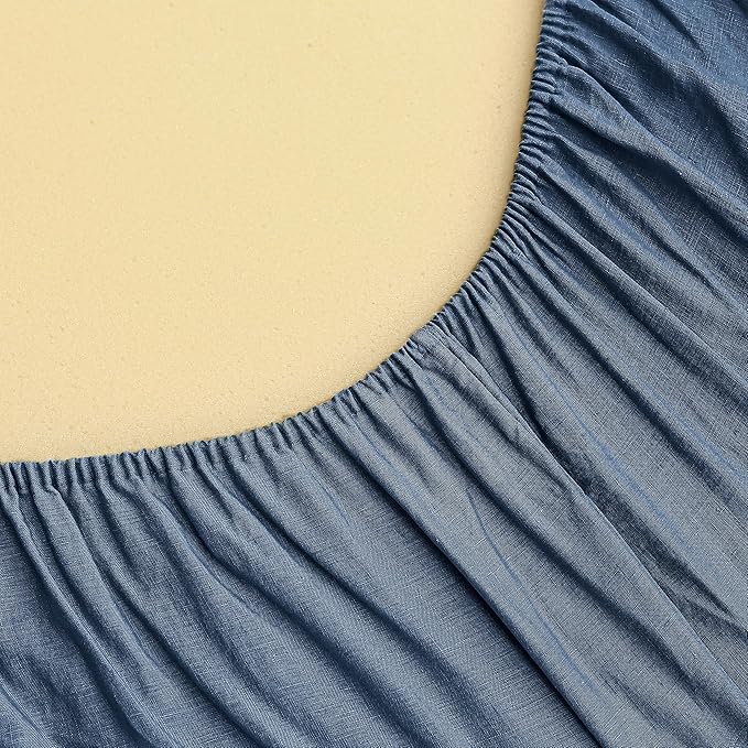 Simple&Opulence 100% Linen Sheet Set Solid Color-3 Pcs Washed French Linen Bed Sheets-Breathable Bedding Set-1 Flat Sheet,1 Fitted Sheet,1 Pillowcase (Twin,Blue) - LeafyLoom