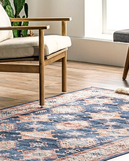 nuLOOM Finley Machine Washable Vintage Distressed Ultra Thin Area Rug, 3' x 5', Navy - LeafyLoom