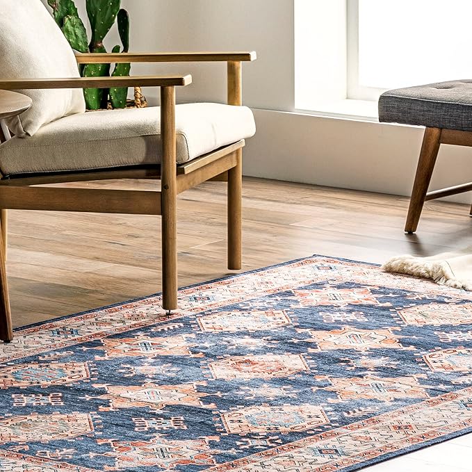 nuLOOM Finley Machine Washable Vintage Distressed Ultra Thin Area Rug, 3' x 5', Navy - LeafyLoom