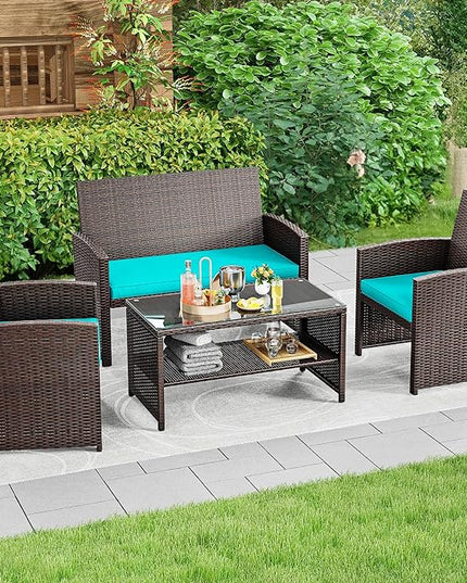 YITAHOME Patio Furniture Wicker Outdoor Bistro Set, 4-Piece All Weather Rattan Conversation Loveseat for Backyard, Balcony and Deck w/Soft Cushions and Metal Coffee Table (Brown+Blue) - LeafyLoom