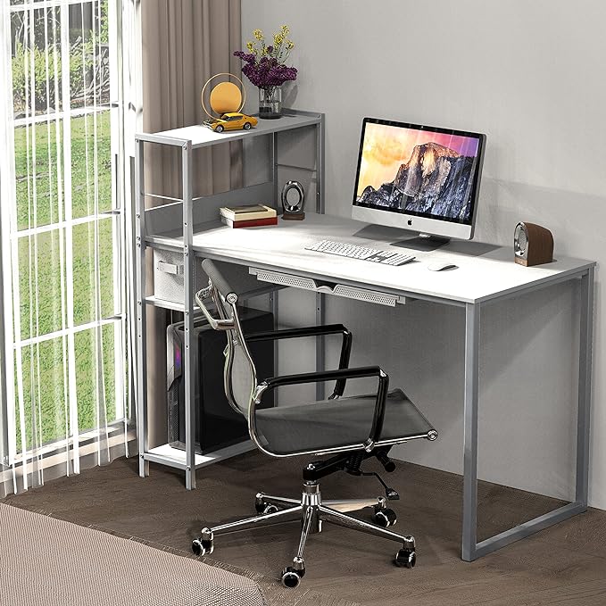 SHW 46-Inch Mission Desk with Side Shelf, 24" Deep, White - LeafyLoom