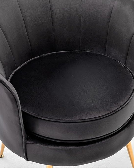 Velvet Barrel Accent Chair with Scalloped Silhouette and Gold Metal Legs, Decorative Piece Suitable for Traditional, Modern, and Contemporary Spaces, Black - LeafyLoom