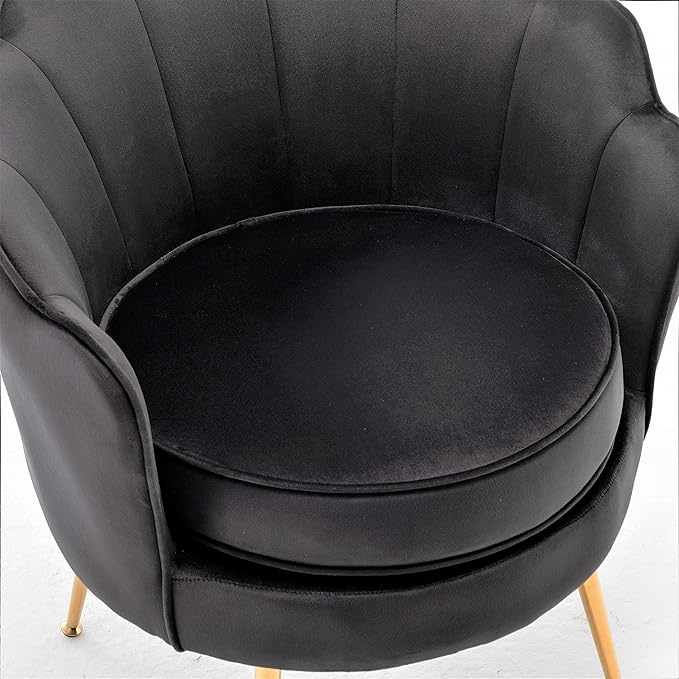 Velvet Barrel Accent Chair with Scalloped Silhouette and Gold Metal Legs, Decorative Piece Suitable for Traditional, Modern, and Contemporary Spaces, Black - LeafyLoom