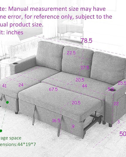 Reversible Sleeper Sectional Sofa with Storage Chaise and Pull Out Bed, L Shaped Linen Upholstery Convertible Corner Couch Sofabed with Cup Holders & Side Pockets for Living Room Office - LeafyLoom
