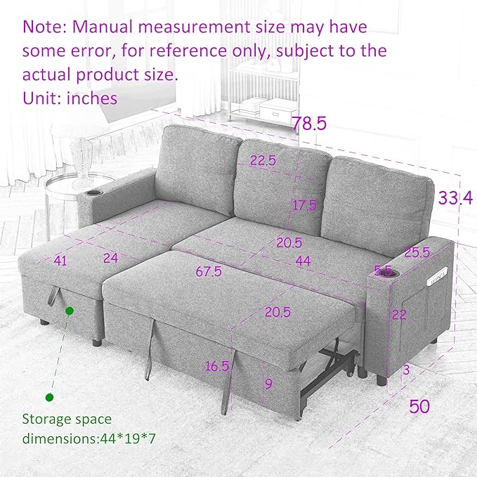 Reversible Sleeper Sectional Sofa with Storage Chaise and Pull Out Bed, L Shaped Linen Upholstery Convertible Corner Couch Sofabed with Cup Holders & Side Pockets for Living Room Office - LeafyLoom