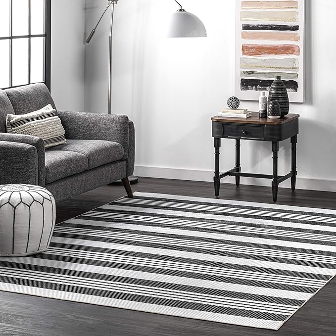 nuLOOM Lena Machine Washable Striped Ultra Thin Area Rug, 3' x 5', Grey - LeafyLoom