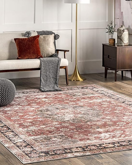 nuLOOM Emelina Traditional Persian Machine Washable Ultra Thin Area Rug, 5' x 8', Red - LeafyLoom