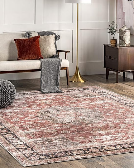 nuLOOM Emelina Traditional Persian Machine Washable Ultra Thin Area Rug, 8' x 10', Red - LeafyLoom