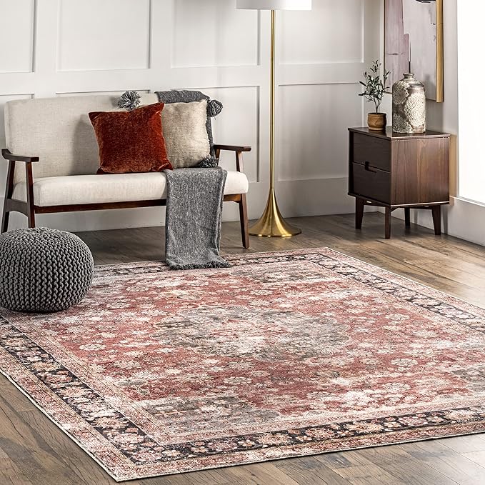 nuLOOM Emelina Traditional Persian Machine Washable Ultra Thin Area Rug, 8' x 10', Red - LeafyLoom