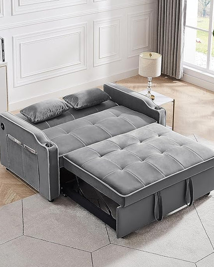 3-in-1 Velvet Upholstered Sofabed Tufted Futon Loveseat Sofa Convertible Sleeper Couch Bed with Cupholders and USB Charging Ports,Modern 2-Seaters Love Seat Daybed for Living Room, 55.2", Gray1 - LeafyLoom