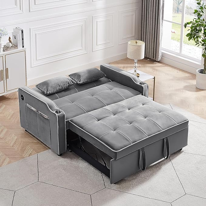 3-in-1 Velvet Upholstered Sofabed Tufted Futon Loveseat Sofa Convertible Sleeper Couch Bed with Cupholders and USB Charging Ports,Modern 2-Seaters Love Seat Daybed for Living Room, 55.2", Gray1 - LeafyLoom