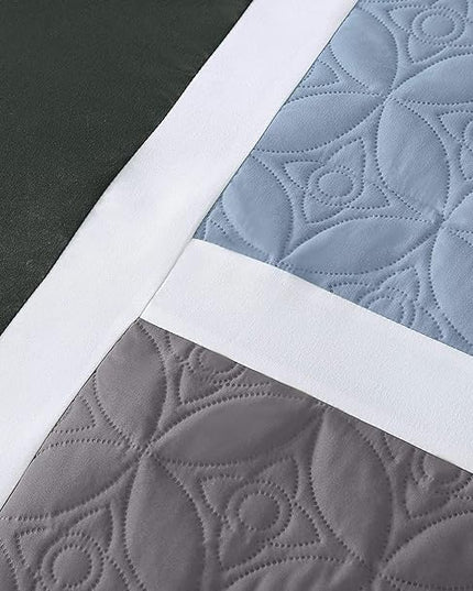 Chezmoi Collection Upland 7-Piece Quilted Patchwork Comforter Set, Gray/Light Blue/Charcoal, California King - LeafyLoom