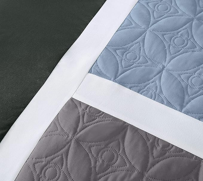 Chezmoi Collection Upland 7-Piece Quilted Patchwork Comforter Set, Gray/Light Blue/Charcoal, California King - LeafyLoom