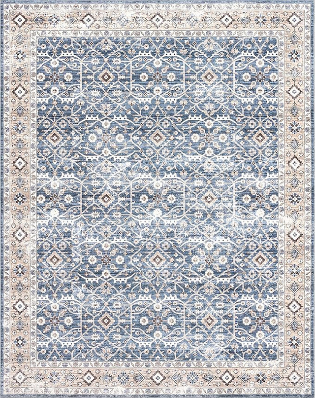 nuLOOM Shae Faded Persian Bordered Machine Washable Ultra Thin Area Rug, 4' x 6', Blue - LeafyLoom