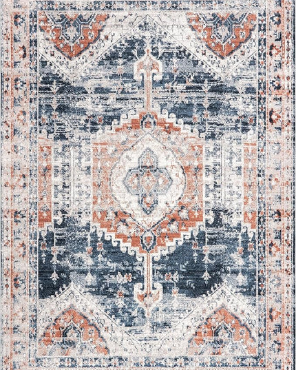 nuLOOM Evette Traditional Medallion Machine Washable Ultra Thin Area Rug, 5' x 8', Navy - LeafyLoom