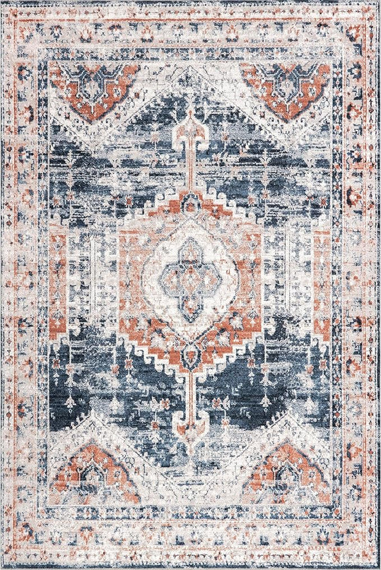 nuLOOM Evette Traditional Medallion Machine Washable Ultra Thin Area Rug, 5' x 8', Navy - LeafyLoom