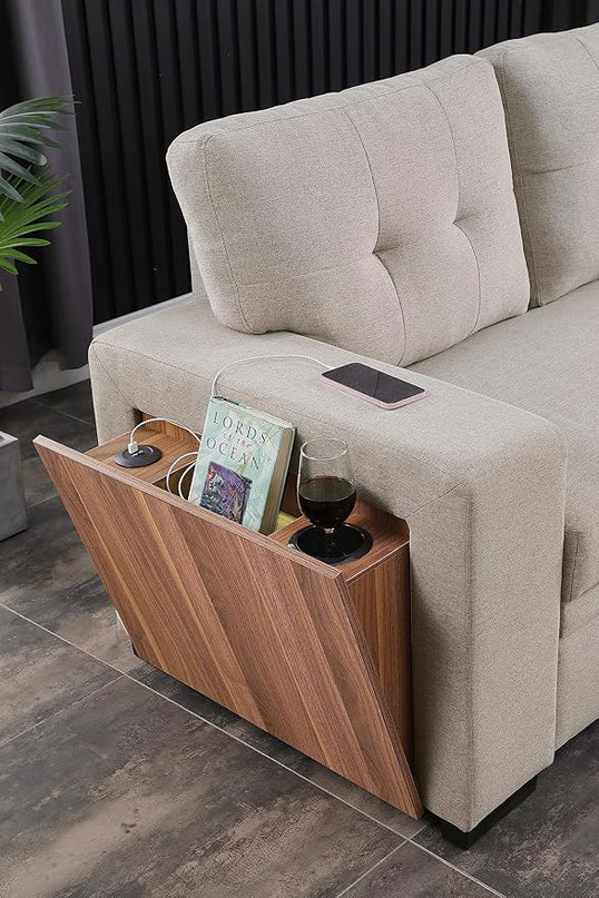 L Shaped Sectional Sofa Storage Chaise, Upholstered Convertible Couch Pull Out Sleeper Bed, Armrest with Hidden Shelves, USB Port & Cup Holder for Living Room Apartment, Light Gray, 92 - LeafyLoom