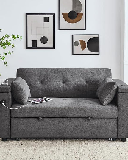 4 in 1 Multifunctional Convertible Loveseat Sleeper Sofa Bed,Soft Chenille Tufted Love Seats Sofabed W/Pull Out Sleep Couch,Armrests Storage,Cupholders,USB Ports,Pillows and Side Pockets - LeafyLoom