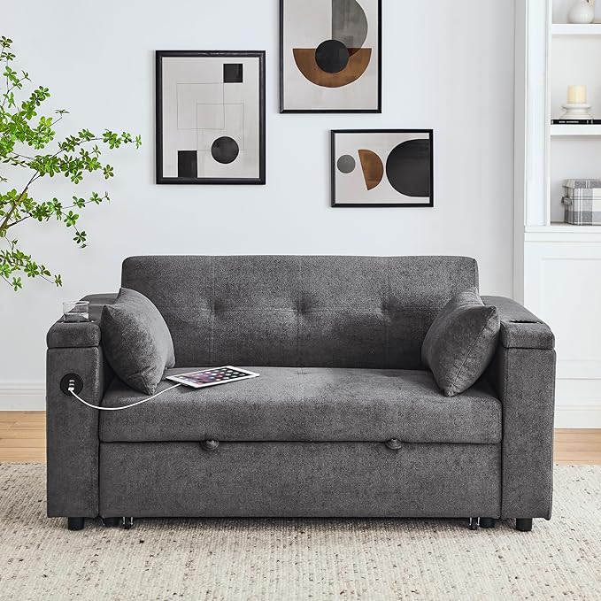 4 in 1 Multifunctional Convertible Loveseat Sleeper Sofa Bed,Soft Chenille Tufted Love Seats Sofabed W/Pull Out Sleep Couch,Armrests Storage,Cupholders,USB Ports,Pillows and Side Pockets - LeafyLoom