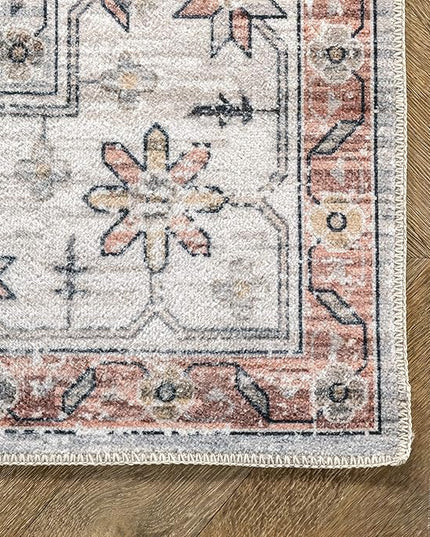 nuLOOM 5x8 Machine Washable Rain Haven Vintage Medallion Area Rug, Beige, Traditional Faded Design, Non-Slip Backing, Stain Resistant, For Bedroom, Dining Room, Living Room, Kitchen - LeafyLoom