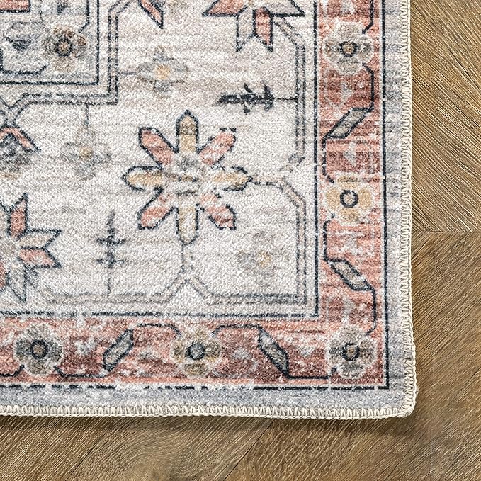 nuLOOM 5x8 Machine Washable Rain Haven Vintage Medallion Area Rug, Beige, Traditional Faded Design, Non-Slip Backing, Stain Resistant, For Bedroom, Dining Room, Living Room, Kitchen - LeafyLoom