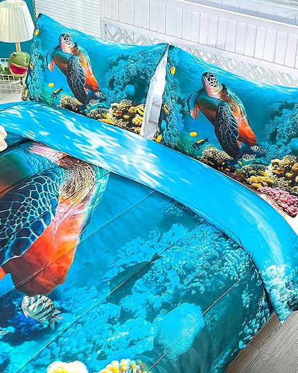 CVHOUSE Sea Turtle Bedding Set,Sea Turtle Comforter Queen,Ocean Beach Comforter Set for Boys Kids Girls,Ocean Quilt Set with 1 Comforter and 2 Pillow Cases - LeafyLoom