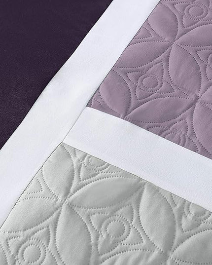 Chezmoi Collection Upland 7-Piece Quilted Patchwork Comforter Set, Lavender/Gray/Purple, Queen - LeafyLoom