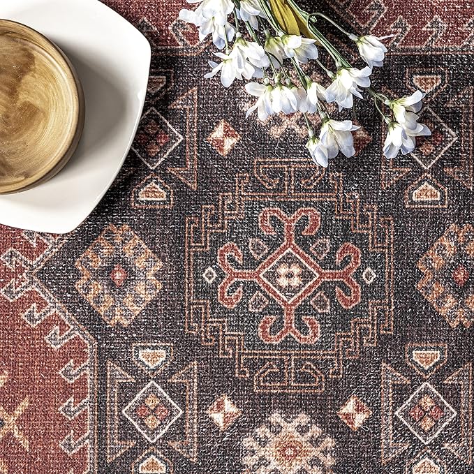 nuLOOM Kathryn Machine Washable Traditional Rustic Ultra Thin Area Rug, 8' x 10', Red - LeafyLoom