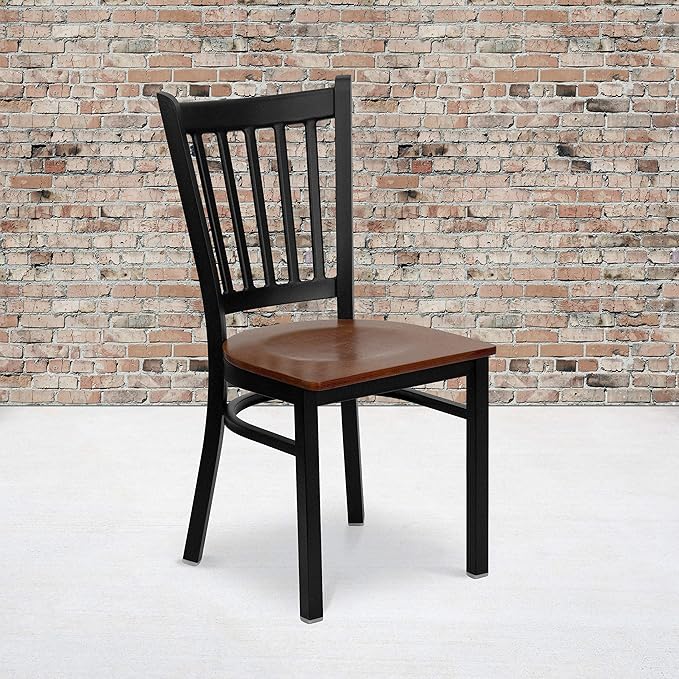 Flash Furniture 2 Pack HERCULES Series Black Vertical Back Metal Restaurant Chair - Cherry Wood Seat - LeafyLoom