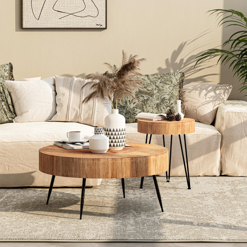 2-Piece Modern Farmhouse Living Room Coffee Table Set, Nesting Table Round Natural Finish with Handcrafted Wood Ring Motif, Wood Colour LeafyLoom
