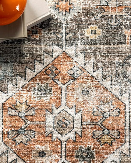 nuLOOM Gracie Distressed Medallion Machine Washable Ultra Thin Area Rug, 9x12, Peach - LeafyLoom