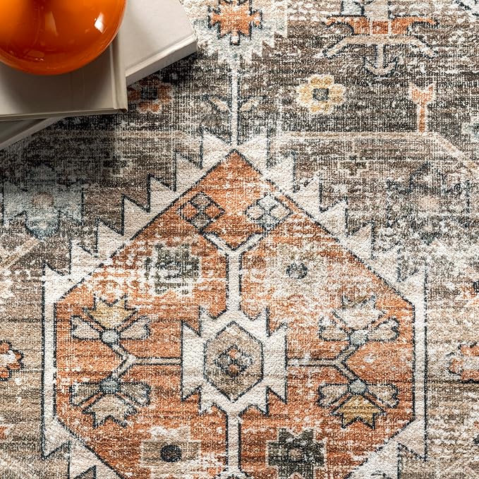 nuLOOM Gracie Distressed Medallion Machine Washable Ultra Thin Area Rug, 9x12, Peach - LeafyLoom