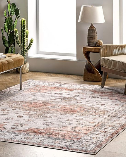 nuLOOM 5x8 Machine Washable Rain Haven Vintage Medallion Area Rug, Beige, Traditional Faded Design, Non-Slip Backing, Stain Resistant, For Bedroom, Dining Room, Living Room, Kitchen - LeafyLoom
