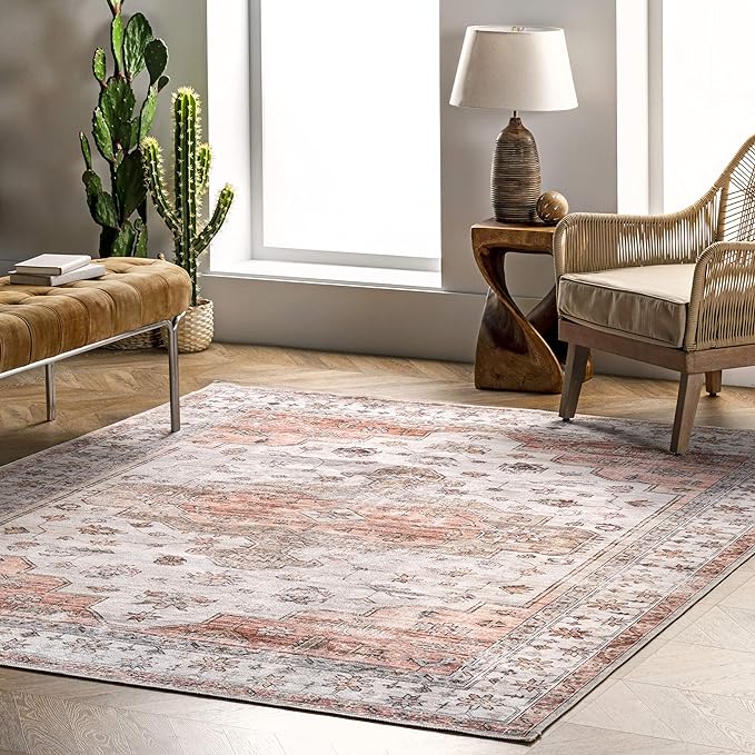 nuLOOM 5x8 Machine Washable Rain Haven Vintage Medallion Area Rug, Beige, Traditional Faded Design, Non-Slip Backing, Stain Resistant, For Bedroom, Dining Room, Living Room, Kitchen - LeafyLoom