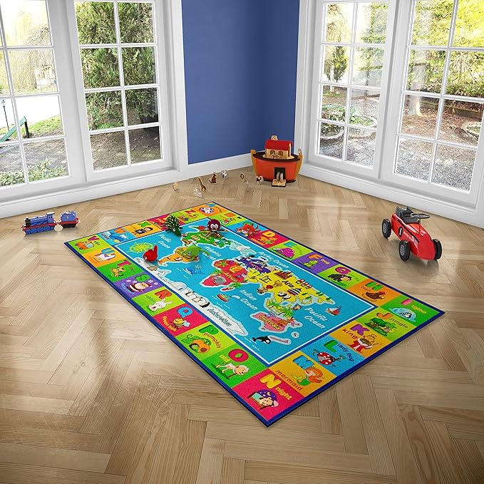 Kids ABC, Map Rug Education Carpet - Playmat Extra Large Learn Have Fun Safe, Children's Educational, Multi Color Activity Centerpiece Play Mat! for Bedroom Playroom - LeafyLoom