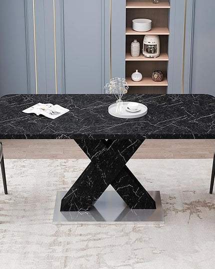 NicBex Dining Table Contemporary Kitchen Table Farmhouse Rustic Square Dining Table, Stretchable, Printed Black Marble Table Top+MDF X-Shape Table Leg with Metal Base, Easy Assembly, Black - LeafyLoom