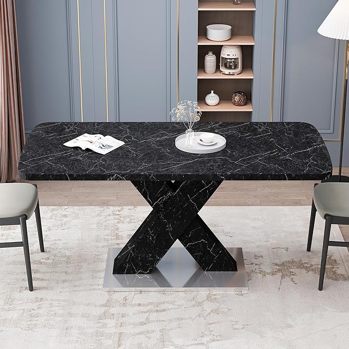 NicBex Dining Table Contemporary Kitchen Table Farmhouse Rustic Square Dining Table, Stretchable, Printed Black Marble Table Top+MDF X-Shape Table Leg with Metal Base, Easy Assembly, Black - LeafyLoom